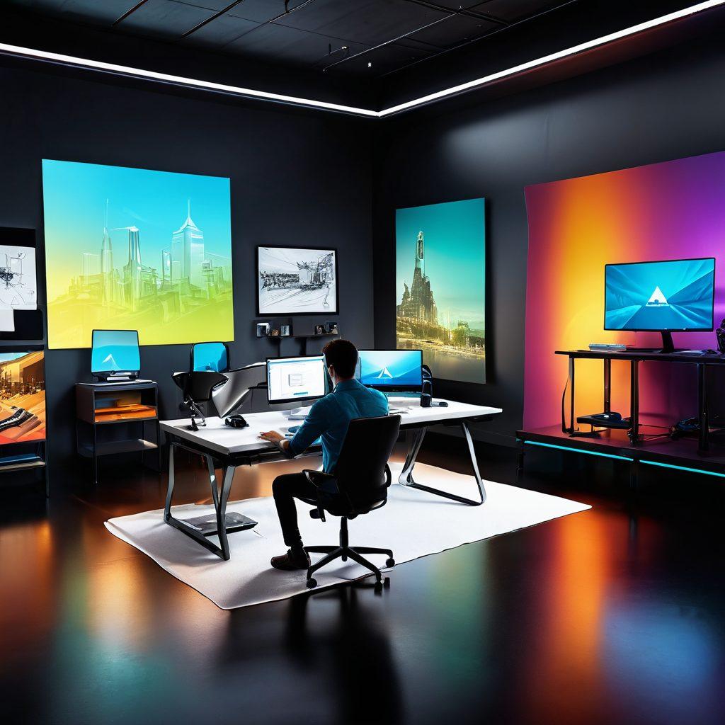 A captivating scene depicting a designer in a modern studio, fully engaged in 3D modeling using Autodesk software, with vibrant holographic designs floating around. Include a diverse range of colorful 3D models such as furniture, buildings, and characters displayed on multiple screens. The atmosphere is filled with creativity, showcasing tools and sketches scattered around, and a glowing Autodesk logo in the background. super-realistic. vibrant colors. 3D.