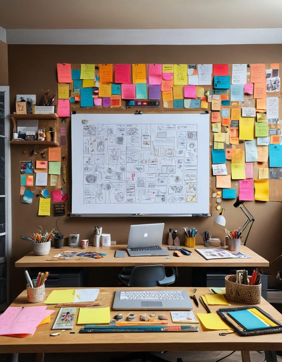 An inspiring design workspace featuring a designer sketching ideas on a large drawing board, with colorful sticky notes and mood boards in the background. Include creative tools like pencils, rulers, and laptops scattered around, symbolizing the design journey. The atmosphere is filled with warm lighting and vibrant colors, conveying a sense of satisfaction and creativity. super-realistic. vibrant colors. warm lighting.