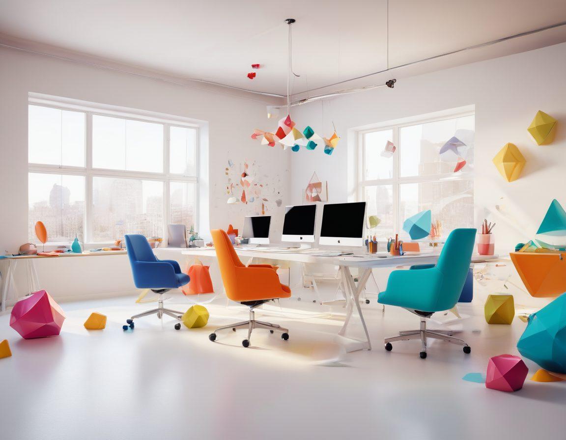 A vibrant 3D workspace filled with colorful Autodesk design tools, showcasing a diverse group of smiling designers collaborating on a 3D model. The background features floating geometric shapes symbolizing creativity and blissful energy. Soft light enhances the joyous atmosphere, inviting viewers into a world of design possibilities. super-realistic. vibrant colors. white background.